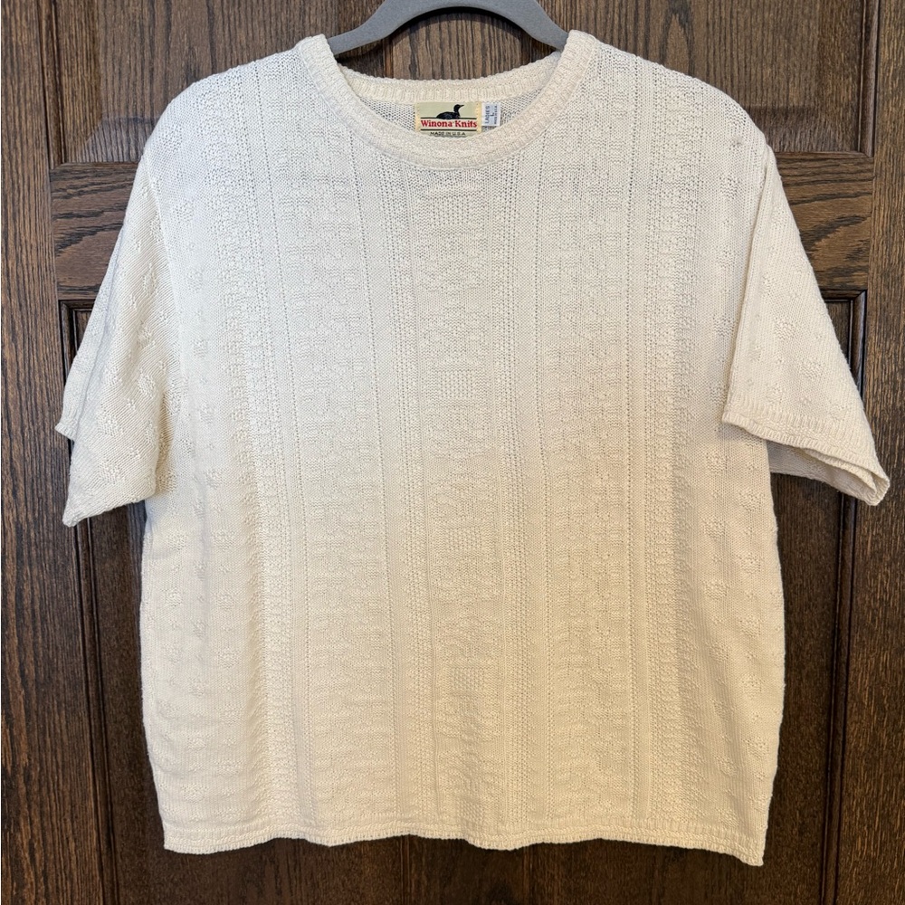 Vintage Winona Knits Cream Short Sleeve Crewneck Cotton Sweater